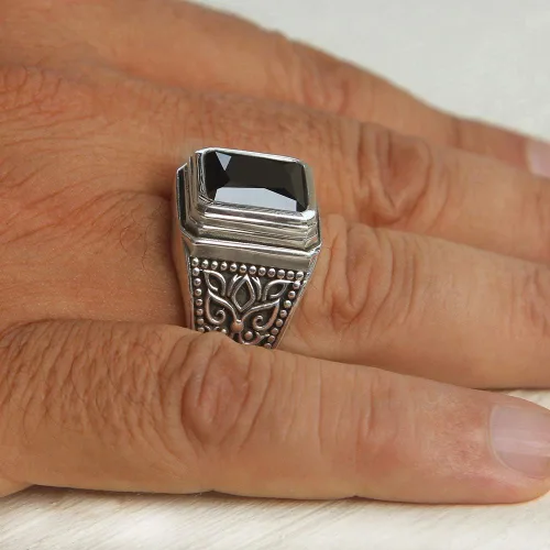 Vista 7 de Juego de anillos de plata de ley 925 maciza con piedra de ónix negro