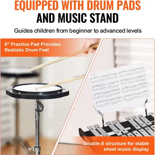 Vista 6 de VEVOR Kit de Xilófono Glockenspiel de 30 Notas, Juego de Instrumentos de Percusión Profesional con Mazos, Baquetas, Atril, Almohadilla de Práctica