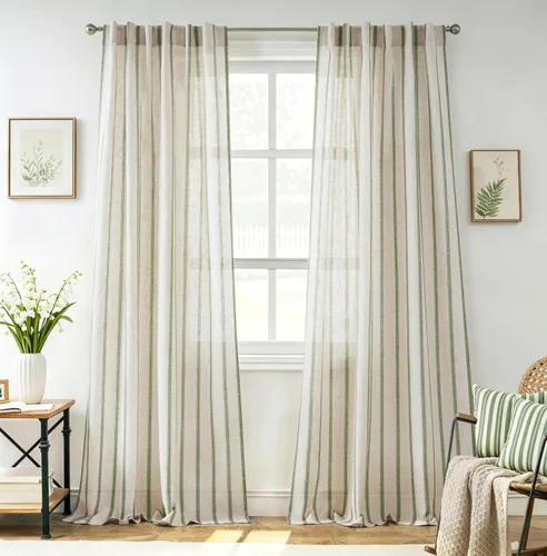 Vista 98 de DriftAway Cortinas de estilo granja con rayas verticales de lino mezclado texturizado con filtro de luz semitransparente para sala de estar
