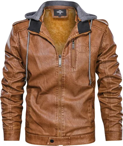 Vista 2 de HOOD CREW Chaqueta de motocicleta para hombre, con cuello alto, de piel sintética cálida, con cremallera y capucha extraíble, café, café.