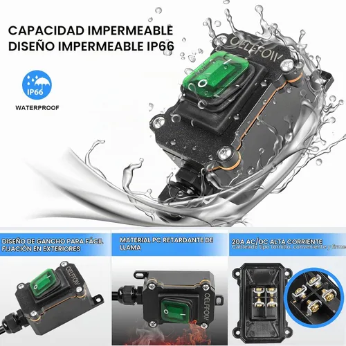 Vista 3 de Interruptor de palanca de encendido y apagado impermeable con botón basculante de luz verde, interruptor de cable en línea DPST AC/DC 20A-125V