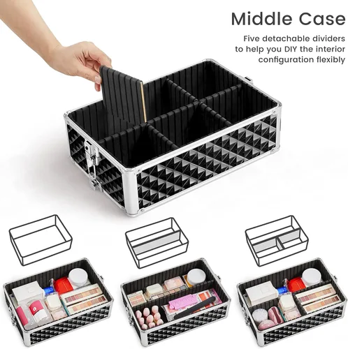 Vista 5 de Yaheetech Estuche de tren de maquillaje rodante 3 en 1, organizador de gran capacidad con ruedas giratorias, carrito cosmético para llaves para Negro