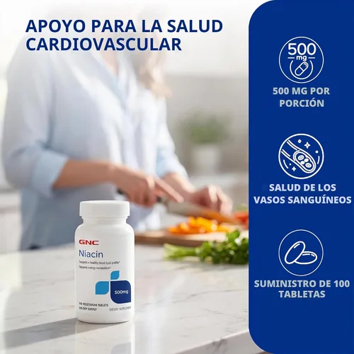 Vista 3 de GNC - Suplemento de niacina de 500 mg, apoya la salud de los vasos sanguíneos, 100 tabletas
