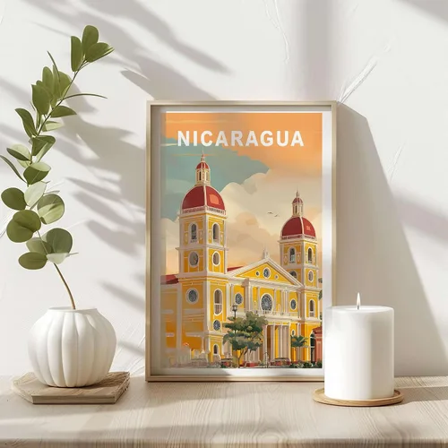 Vista 4 de KiKi8xyBox Nicaragua - Póster de viaje – Arte de pared retro con arquitectura de iglesia colonial con colores brillantes – Impresión