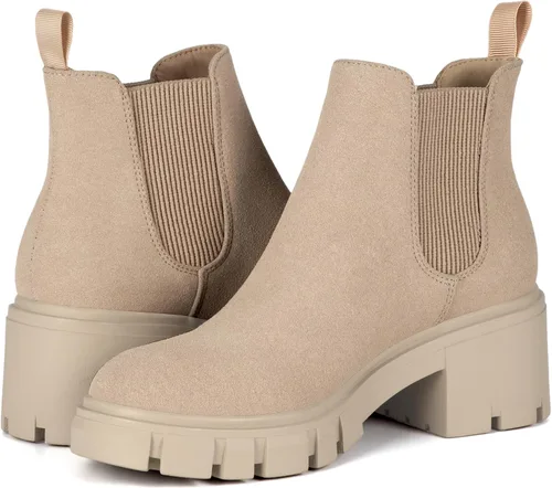 Vista 3 de Rihero Botines Chelsea para mujer, de moda, sin cordones, suela de lengüeta, tacón grueso