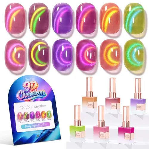 Vista 23 de Double Rhythm - Juego de esmalte de uñas de gel ojo de gato de 6 unidades, mismo color, misma botella, 14.8 ml, brillo con glitter, con imán Aurora