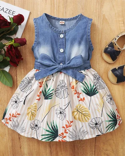 Vista 4 de Saeaby Vestido de Niña Bebé Ropa de Verano para Niña Pequeña Vestido sin Mangas para Bebé Vestido de Mezclilla con Flores Vestido de Verano Vestidos