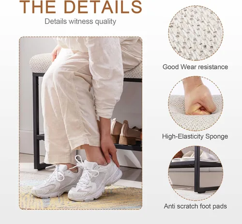Vista 4 de Zesthouse Banco de zapatos tapizado para entrada con almacenamiento, cómodo banco de tela para dormitorio, extremo de cama, zapatero de metal