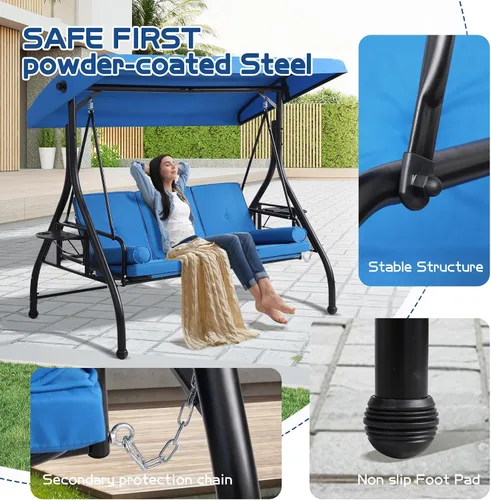 Vista 6 de Columpios de porche con toldo ajustable, cama de columpio para exteriores de 3 asientos, color azul Heavy Duty Porch Glider Bench with Stand