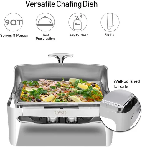Vista 4 de ROVSUN Juego de bufé de platos para rozar platos de 9 cuartos de galón de acero inoxidable, juego rectangular NSF con bandeja para alimentos