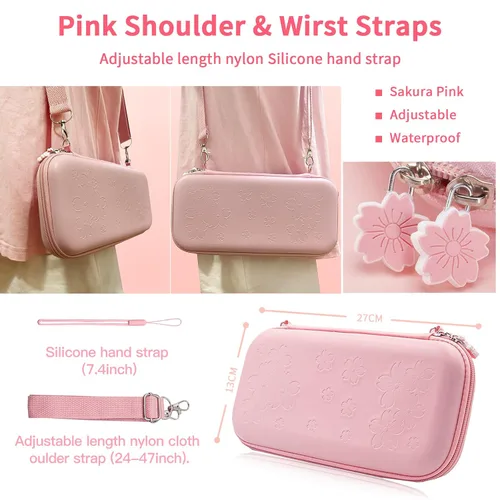 Vista 2 de Sakura - Kit de accesorios de transporte de viaje rosa, funda de transporte rosa compatible con Nintendo Switch. Funda protectora rígida rosa
