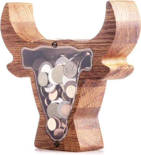 Vista 7 de BULL alcancía de madera para niño niña niño adulto Montessori waldorf juguete bebé cumpleaños regalo de Navidad tarro de punta caja de dinero regalo