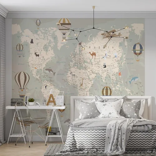 Vista 8 de Papel tapiz de mapa del mundo para niños con animales, calcomanías educativas para despegar y pegar, murales de guardería para bebés, niños