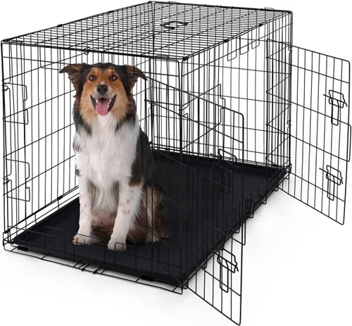Vista 13 de Jaula plegable de alambre para perros con panel divisor, bandeja a prueba de fugas y patas protectoras, puerta individual y doble, jaula para perros