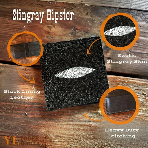 Vista 2 de Yoder Leather Company Cartera de piel genuina de Stingray jumbo, 12 ranuras para tarjetas, billetera cuadrada de gran tamaño, color negro