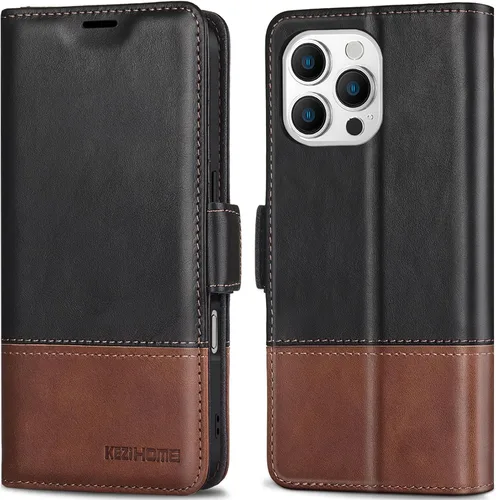 Vista 19 de KEZiHOME Funda de piel auténtica compatible con iPhone 16, con bloqueo RFID, con soporte para tarjetas, función atril magnético, funda protectora