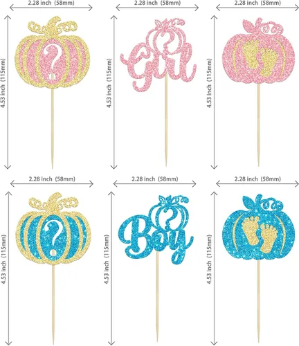 Vista 2 de 24 adornos para cupcakes de calabaza para niños o niñas con purpurina para revelación de género, decoración para cupcakes de calabaza, pies