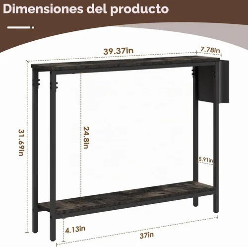 Vista 3 de Bigbiglife Mesa de Consola de Entrada de 39.4", Mesa de Sofá Estrecha Industrial de 2 Niveles con Estantes de Almacenamiento para Pasillo, Sala