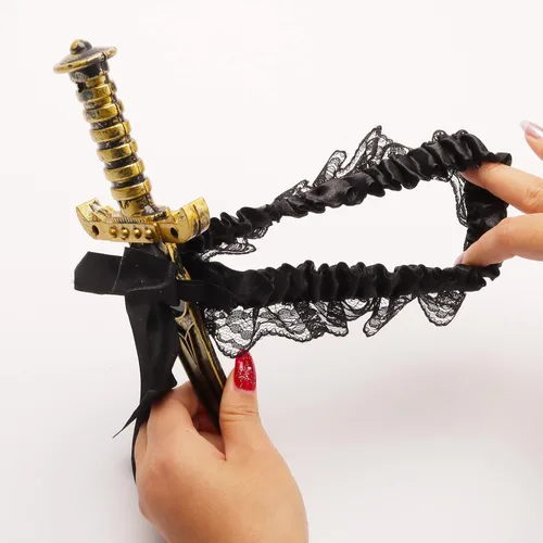 Vista 6 de 2 Pcs Bow Garter with Pirate Dagger Lace Bow Leg Ring Sword Leg Holster for Halloween Dress Up Props Negro