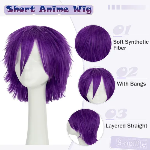 Vista 3 de Pelucas de pelo sintético lacio, corto y esponjoso. Para fiestas de cosplay, anime peluca con pelo despeinado y puntiagudo, para hombre y mujer