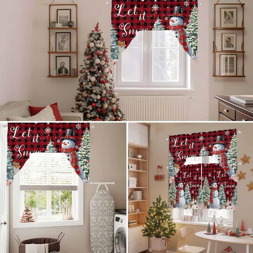 Vista 7 de Juego de cortinas de cocina con cenefa de Navidad de invierno, 3 piezas con bolsillo para barra, cortinas para dormitorio, sala de estar, baño