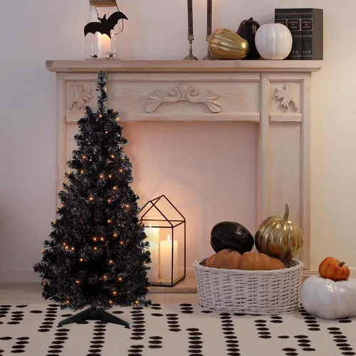 Vista 2 de Northlight Árbol de Navidad de oropel artificial negro delgado preiluminado de 4 pies, luces transparentes