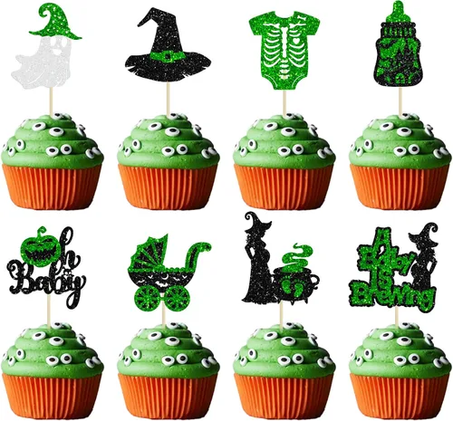 Vista 24 de Ephlyn 24 adornos negros para tartas de Halloween con purpurina fantasma Negro Halloween