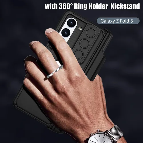 Vista 5 de Funda para Samsung Galaxy Z Fold 5 con protección magnética de bisagra, soporte de anillo y soporte para bolígrafo S, funda resistente a prueba