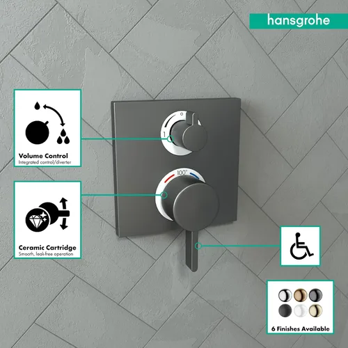 Vista 3 de hansgrohe Ecostat 15714341 - Válvula de ducha termostática cuadrada moderna con control de temperatura y desviador en cromo negro cepillado Cromo