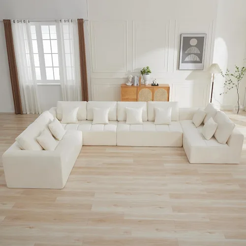 Vista 12 de Sofás seccionales modulares de 110 pulgadas para sala de estar, sofá seccional comprimido sin hueso, sofá de espuma viscoelástica tapizado de 3 Beige