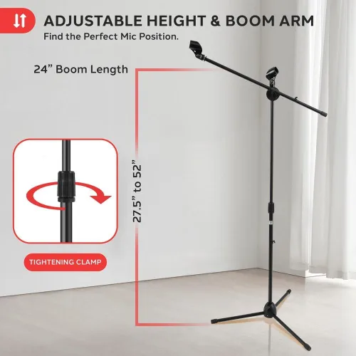 Vista 3 de Pyle Soporte de Micrófono Trípode Ajustable Universal - Par de Soportes Profesionales Compactos y Extensibles para Micrófono Boom de Estudio