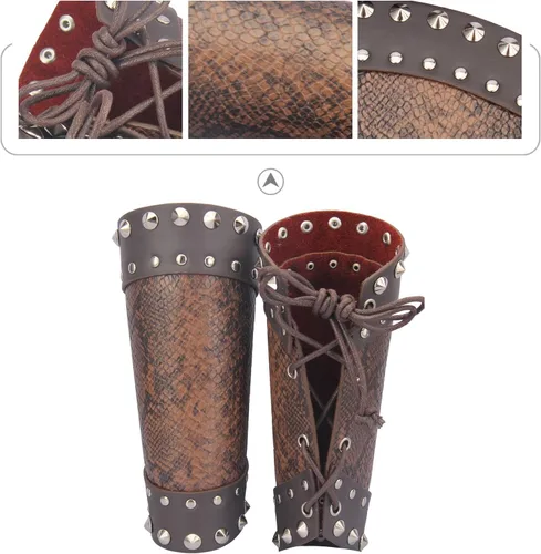 Vista 5 de Jeilwiy Pulsera de guante de cuero, brazaletes medievales, muñequera vikinga, caballero LARP, brazos vikingos, disfraz renacentista