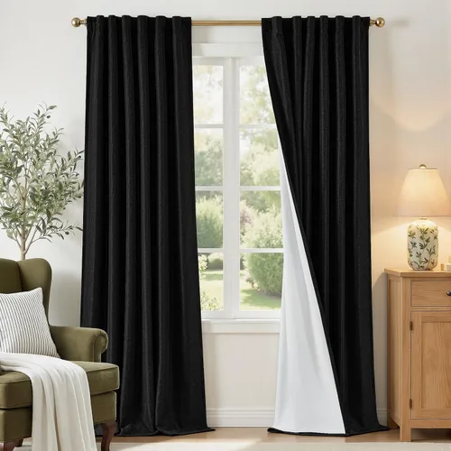 Vista 12 de Cortinas opacas completas de 63 pulgadas de largo para dormitorio, cortinas texturizadas de lino beige con forro con aislamiento térmico, cortinas