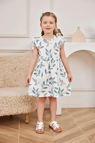 Vista 4 de PATPAT Vestidos para niña pequeña y bebé estampado de unicornio, manga con volantes, falda de dinosaurio para niños, 18-24 meses a 5-6 años