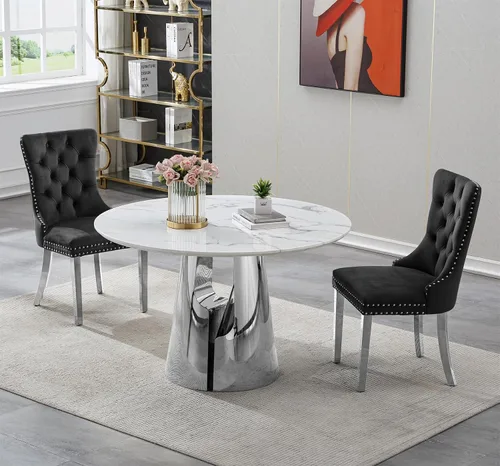 Vista 16 de SSLine Mesa de comedor redonda de mármol sintético blanco para 4-6, mesa de Mesa de oro blanco