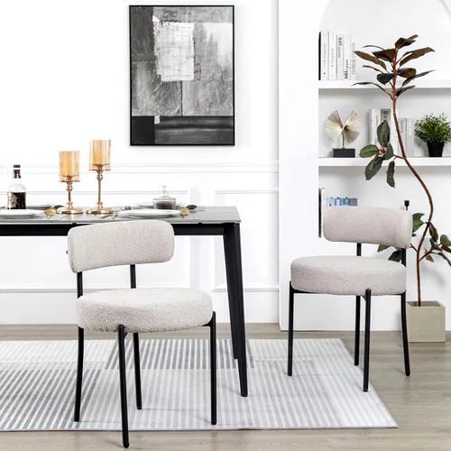 Vista 24 de DYHOME - Juego de 2 sillas de comedor de bouclé negro, sillas de cocina modernas de mediados de siglo con respaldo curvo y patas de metal, sillas