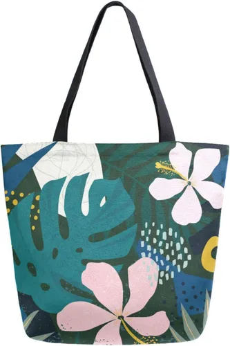 Vista 9 de Naanle Bolsa de lona para mujer, bolso de hombro casual con hoja de palma, reutilizable, multiusos, resistente, para compras, comestibles, algodón