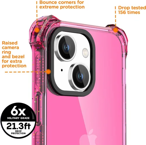Vista 4 de AICase Funda Rebote Rosa Neón Brillante Compatible con iPhone 15, Transparente a Prueba de Impactos Resistente a Golpes Linda Femenina Adolescente