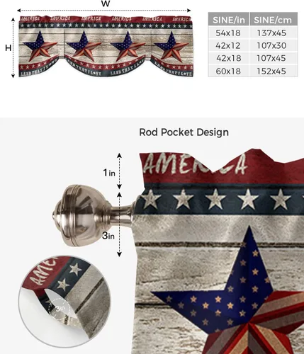 Vista 5 de Cenefa de amarre para ventanas del 4 de julio, con bandera estadounidense, cortinas patrióticas, cenefas con bolsillo para barra, cortinas