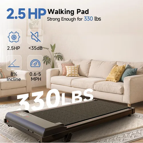 Vista 3 de Incline Walking Pad with Incline 8% & 2.5HP, Quiet Under Desk Treadmill≤35DB for Home Office, Upgraded Portable Treamill with High 350LB Capacity