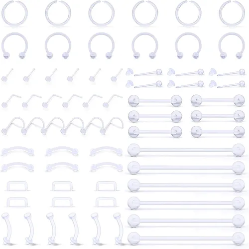 Vista 2 de SCERRING 66 piezas de retenedor de piercing transparente para tabique, aretes de nariz, flexibles, para labios, oreja, nariz, aro para lengua