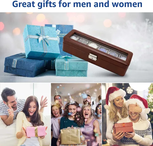 Vista 6 de Caja organizadora de relojes para hombres y mujeres, caja de reloj con 6 ranuras para reloj, pantalla de reloj de piel sintética con ventana