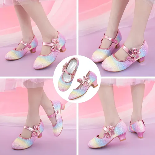 Vista 7 de Dufannie Zapatos de vestir para niñas, zapatos de tacón bajo de princesa, zapatos planos con purpurina para bodas y fiestas
