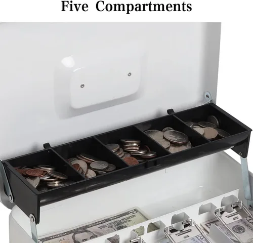 Vista 2 de Decaller - Caja de dinero en voladizo de metal con cerradura de llave, caja de dinero grande con 5 compartimentos y 4 clips con resorte
