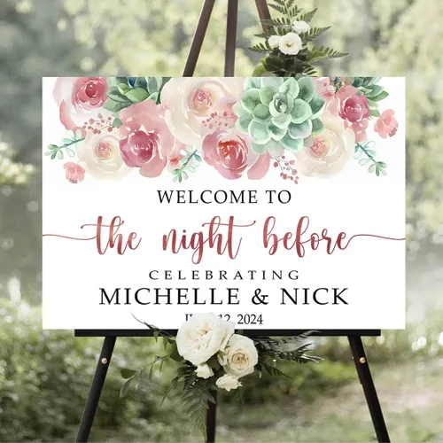 Vista 2 de Letrero de bienvenida personalizado con texto en inglés "The Night Before Rehearsal Dinner Welcome to the Night Before Me", letrero de bienvenida