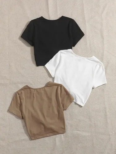 Vista 2 de SOLY HUX Camiseta básica de verano de 3 piezas para mujer, manga corta, ajustada, color liso