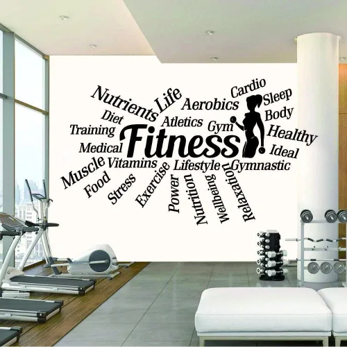 Vista 4 de Calcomanía de pared de fitness, 18 x 33 pulgadas, calcomanía motivacional de PVC con palabras como entrenamiento, alimentos, potencia, sueño