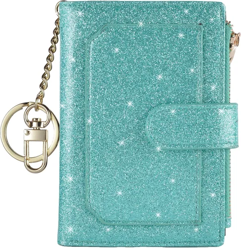 Vista 7 de Carteras para mujer RFID pequeñas y compactas de cuero con doble pliegue, con bolsillo con cremallera, medio, Compacto Purpurina púrpura claro