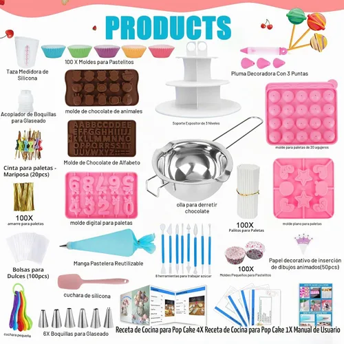 Vista 7 de Kit de 618 piezas para hacer pasteles con 5 juegos de moldes de silicona, soporte de exhibición de 3 niveles, olla para derretir dulces