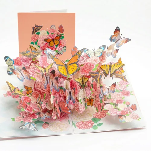 Vista 10 de Tarjeta de cumpleaños desplegable 3D – Elegante tarjeta de felicitación emergente de pastel floral de mariposa rosa para mujeres, mamá, esposa